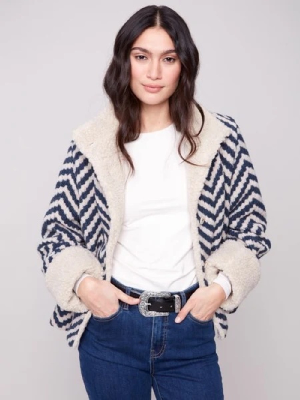NWT Charlie B Chevron Wool Blend Boucle Jacket With Sherpa Trim $198 Size Large